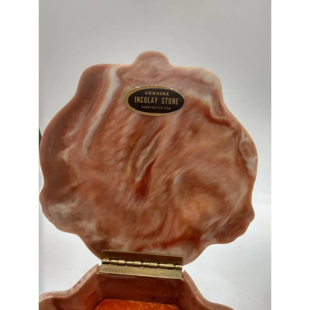 Vintage Genuine Incolay Stone Jewelry Box With Hinged Lid & Angel Motif Design